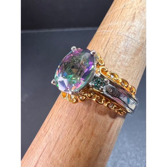 NEW green mystic topaz two toned sterling silver ring size 8 - Picture 10 of 16